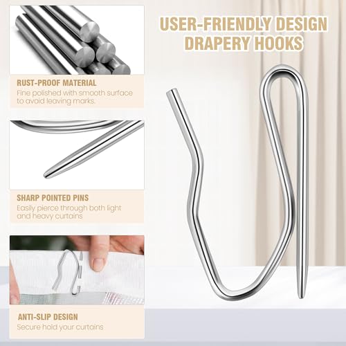 Junreox 58PCS Curtain Hooks for Drapes, Premium 1.25IN Rustproof Drapery Hooks Pins for Pleat Curtain, Heavy Duty Metal Drapery Pins for Window/Door/Shower/Living Room/RV Curtains - Thumbnail 4