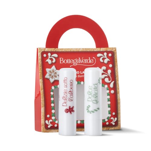 Bottega Verde - Cofanetto Regalo Balsami Labbra, con Delizie sotto l’Albero e Dolce Felicità, al Burro di Cacao e Vitamina E, Formula Vegana,Idea Regalo Beauty per Lei