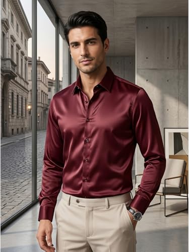 Image of DEELMO Men's Stylish Solid Satin Casual Shirt for Men Full Sleeves| Poly Satin Silk Shirt