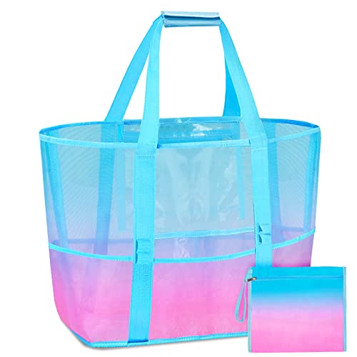 Nidoul Mesh Tote Bag with Zipper Pocket, Packable Large Beach Bags for Women Kids Vacation Travel Pool Swim