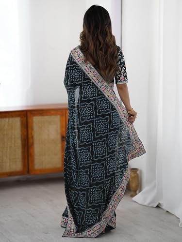 Image of Satrani Women's Georgette Bandhani Printed Sequin Embroidery Saree with Unstitched Blouse Piece