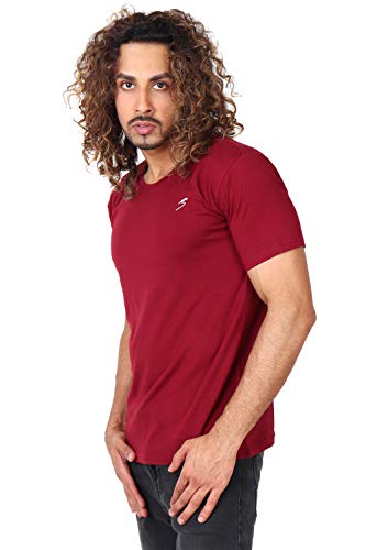 Image of SAAVA Men's Knitted Maroon Viscose Spandex Half Sleeve Crew Neck Tee T-Shirts