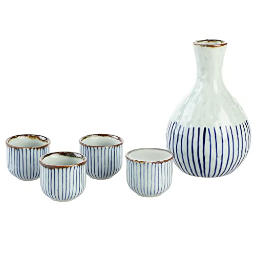 Mygift Traditional Japanese Blue Striped Ceramic 5 Piece Sake Set With Serving Carafe And 4 Drinking Cups #TOP6