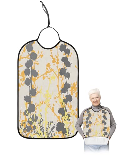LEOKOTI Yellow Gray Botanical Adult Bibs for Eating, Waterproof Bibs with Food Catcher & Adjustable Snap Closure, Watercolor Abstract Art Rustic Washable Clothing Protectors Adult Bibs for Elderly
