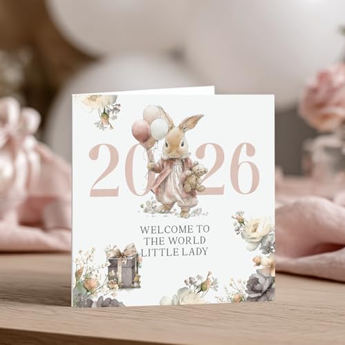 Born In 2026 Card for Baby Girl - Welcome To The World Little Lady Greeting Card for Newborn (Rabbit Card - 2026, Pink) - View 5