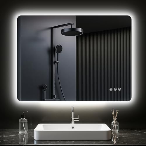 PESENXAN Badspiegel mit Beleuchtung 80x60cm, LED Spiegel Bad mit Antibeschlag, 3 Lichtfarben, Dimmbar, Rechteckig Badezimmerspiegel mit Touch-Schalter, Speicherfunktion, Horizontal/Vertikal Montage