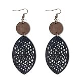 Azusa Sun Black Oval Leather Drop Earrings Retro Hollow Out Wooden Earrings Christmas Holiday Party Jewelry Gifts for Women