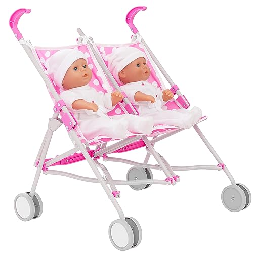 Dolly Tots Zwillings-Puppenwagen Pink | Doppelbuggy für Kinder ab 3 Jahren | Klappbarer Spielzeug-Kinderwagen für Zwei Puppen bis 45 cm | Rollenspiel-Puppenbuggy mit Stauraum – Bild 3