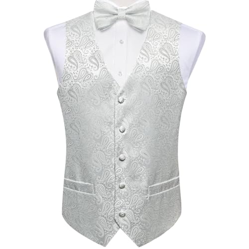Image of DiBanGu Mens Paisley Suit Waistcoat,Silk Dress Vest and Bowtie Pocket Square Cufflinks with Lapel Pin Set for Wedding Tuxedo