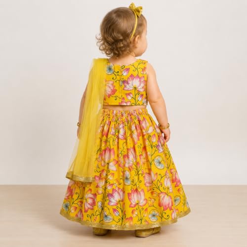 Image of A.T.U.N. (ALL THINGS UBER NICE) Baby Girls Cotton Ethnic Floral Lehenga Choli Set with Lace & Dupatta | Traditional 3-Piece Festive Outfit for Kids