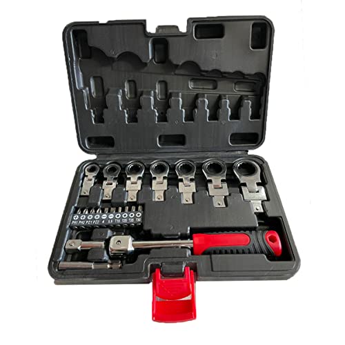 Voyager Tools Flex Head Ratcheting Set 72 Teeth Gear 20 PC 12-Point Box End 50 BV30 180° Flex Travel Hardshell Case (Metric/MM)