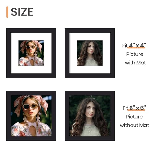Image of upsimples 6x6 Picture Frame, Display Pictures 4x4 with Mat or 6 x 6 Without, Wall Hanging Square Frames, Black, 1 Pack