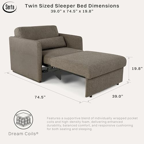 Image of Serta Tahoe 46″ Twin Size Convertible Chair, Modern, Track Arm, Dream Coils, Boucle Fabric