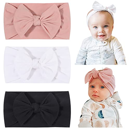 Image of jollybows 3PCS Baby Nylon Headbands Hairbands Hair Bow Elastics for Baby Girls Newborn Infant Toddlers Kids - Black White Pink