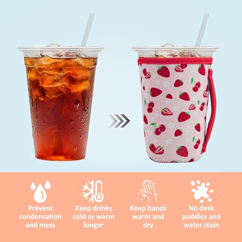 Image of KJQJLY 3 Pack Reusable Iced Coffee Sleeves for Iced Coffee Cups or Drinks Reusable Neoprene Insulated Sleeves for Hot and Cold Drinks from Starbucks, Dunkin, And More (Strawberry)