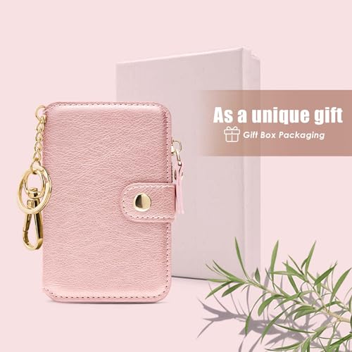 Image of Keychain wallet with ID Window，Credit Card Holder Leather, Zipper Card Case for Women, Pink, 4.3*2.8*0.5 in,