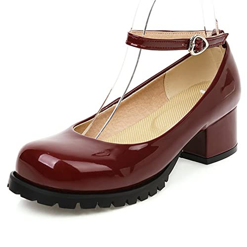 Mary Janes femme talon carré bout rond bride cheville rouge 39
