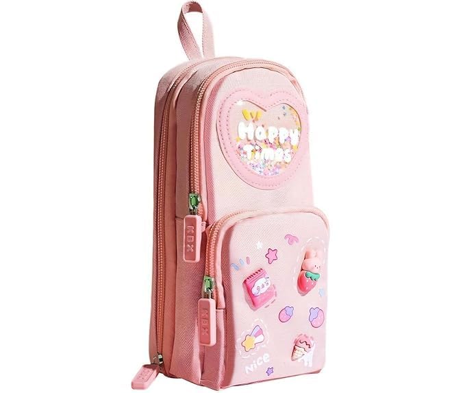 Image of Premium Canvas Pencil Case Hang able 6 Layer with 3 Compartment, Cute Aesthetic Pencil Case for Girls, Large Capacity Pencil Pouch, Cute Stationary Gift for Kids (Happy Times - Pink)