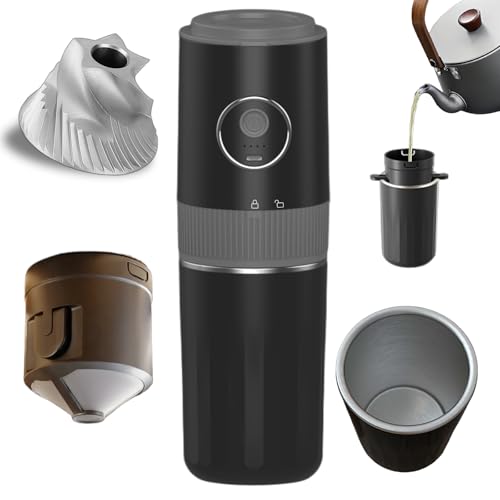 Portable 2-in-1 Electric Burr Coffee Grinder and Brewing Kit, Rechargeable with Conical Mill & Insulated Stainless Steel Cup, for Camping, Travel, Office, Home Use (Black)