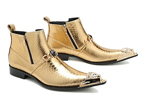 Santimon Mens Chelsea Boots Casual Dress Ankle Boots Genuine Leather Metal Pointed-Toe Double Zipper Gold Chain Western Boots Fashion Prom Wedding Tuxedo Party Singer Cowboy Boots for Men4
