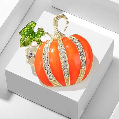 Image of Rhinestone Pumpkin Brooch Pin for Women, Halloween Thanksgiving Gold Tone Enamel Green Leaf Brooches Lapel Pins Cute Autumn Holiday Festival Hat Bag Suit Dress Jewelry Souvenir