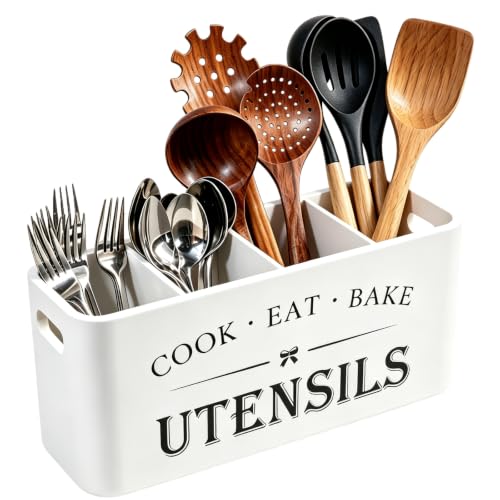 Image of Wooden Kitchen Utensil Holder Organizer for Counter or Countertop, Large Wooden Utensil Holder for Storage Cooking and Silverware with 4 Compartment,Rustic Wood Container Extra Large-white