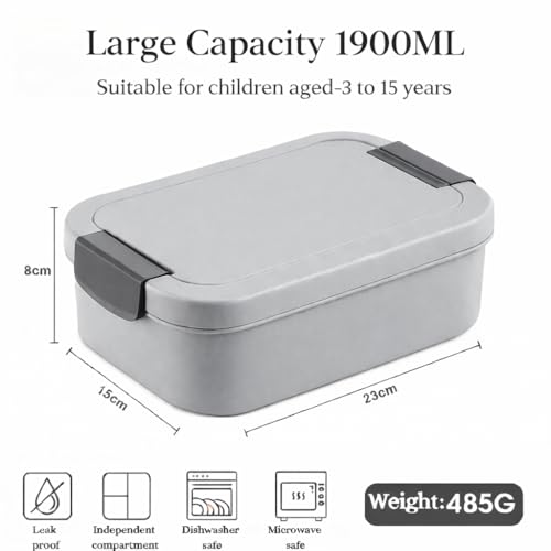 Image of YELONA Lunch Box for Office & Kids 1900ML | Double Layer Leakproof Bento Box with 5 Compartments | Microwave Safe, Built-in Spoon & Fork, BPA Free Tiffin Box - Grey