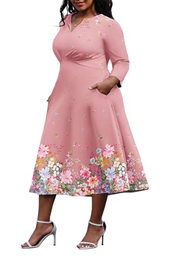 Image of Nmoder Women's Plus Size Stretchy Flared Wrap Dress Casual Wedding Guest Midi Dresses V Neck 3 /4 Sleeve A-Line Swing Dress