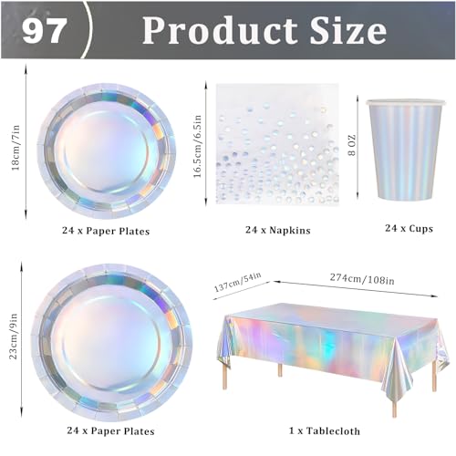 97 Pcs Laser Foil Tableware for Her Him,Laser Party Plates Paper Cups and Napkins for Birthday Decoration,Sparkling Laser Silver Tablecloth for Christmas Dinnerware Wedding,Baby Shower Party Tableware