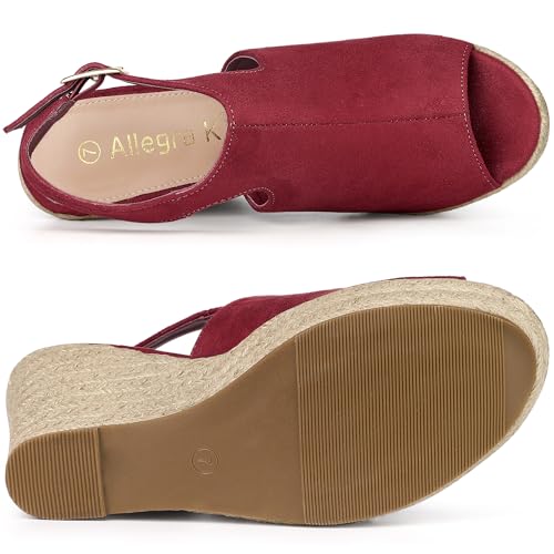 Allegra K Allegra K Women's Peep Toe Slingback Platform Burgundy Espadrilles Wedge Heels Sandals 7 M US