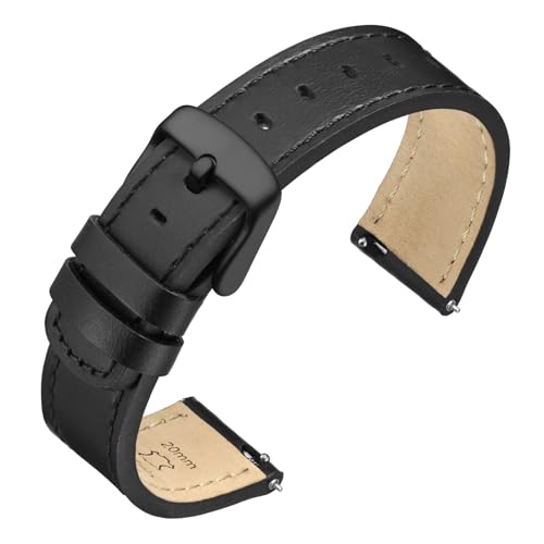 Image of ANNEFIT 20mm Watch Band with Black Buckle, Quick Release Genuine Leather Replacement Strap (Black /Black Stitching)