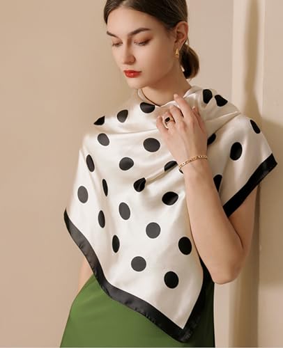 kcctoo 27.5" Mulberry Silk Feeling Head Scarf Women's Fashion Square Neck Satin Scarfs for Bag Hair Scarves Gift (K004-Beige Black Point/27.5"x 27.5")2