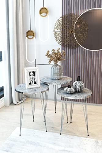 Pak Home Set Of 3 High Gloss Gray Marble Silver Legs Nesting End Tables Round Wood Stacking Coffee Side Accent Table With Metal Legs For Living Room, Home Office, Nightstands For Bedroom #TOP3