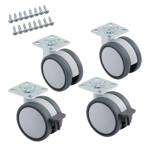 SOTECH Set di 4 Rotelle per Mobili Hamm Ø 63 mm, Altezza 74,5 con Piastra Avvitabile 47 x 47, Portata 35 kg, Bianco/Grigio - 2 Girevoli, 2 con Freno