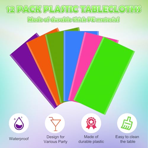 Image of 12 Pack Neon Table Cloths Party Decorations, Pink Orange Yellow Green Blue Purple Glow in the Dark Plastic Tablecloth, Disposable Rainbow Table Cover for Glow in Dark Neon Party Supplies Decorations