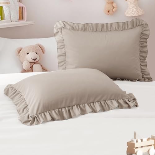 Image of 13 inchx18 inch Toddler Pillow Cases Set of 2, Khaki Ruffled Pillow Shams Brushed Microfiber Nursery Pillow Cover for Boys Girls, Soft Breathable Machine Washable