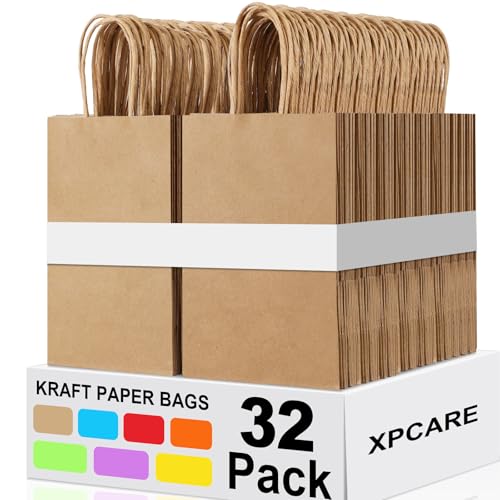 Image of XPCARE Brown Paper Bags with Handles, 32Pcs 5.25x3.25x8.25'' Kraft Bags