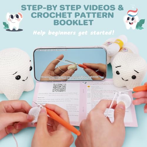 Image of Crochet Kit for Beginners, Crochet Kit w Step-by-Step Video Tutorials, Crochet Starter Kit Learn to Crochet Kits for Adults Kids Beginners, Crochet Kit Tooth (40%+ Yarn Content)