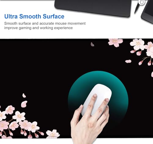 Image of IMAYONDIA Sakura Japanese Desk Mat, Cherry Blossom Large Gaming Mouse Pad, Black Elegant Floral Mousepad for Women, Minimalistic Flower Aesthetic Desk Pad for Work, Game, Office, 31.5x11.8