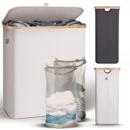 Hennez Cesto Ropa Sucia 2 Compartimentos 141 L - Cesta Ropa Sucia con Tapa - Cubo Ropa Sucia Plegable - Cestos para la Ropa Sucia de Bambú - Separador de Ropa Sucia Grande - Cubo para la Colada Doble