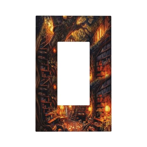 Vintage Forest Library 1 Gang Light Switch Covers Fantasy Fairy Treehouses Bookshelf Single Rocker Wall Plate Decorative Outlet Covers GFCI Switchplates Electrical Faceplate for Kids Room Bathroom