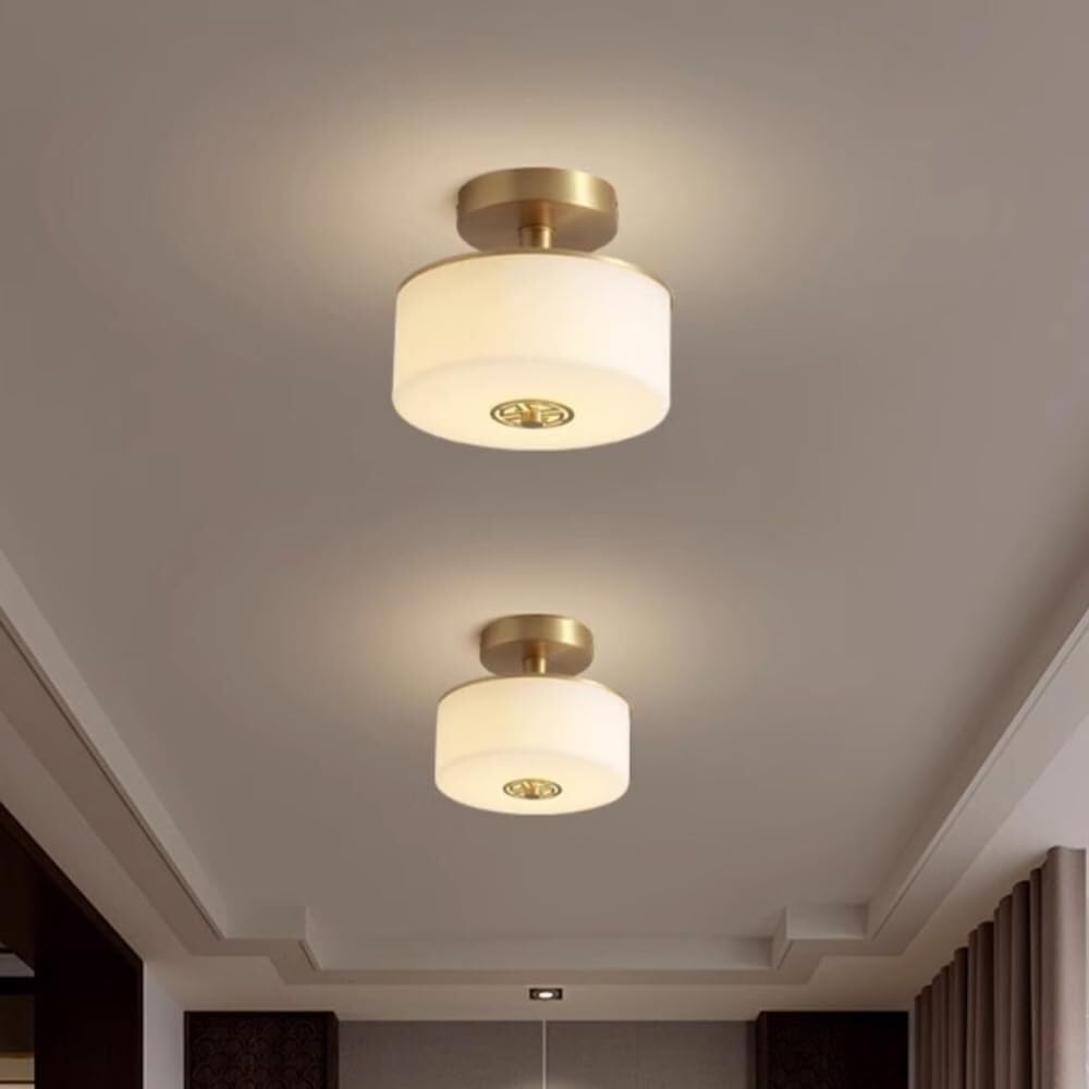 Lámpara de techo de estilo chino, semiempotrada, luz nocturna para el hogar, pantalla de cristal blanco lechoso, lámpara redonda de cobre, luz de techo para pasillo, escalera, iluminación moderna y s