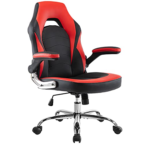 Office Chair, Ergonomic Gaming Chair Desk Chair Computer Chair PU Leather Executive Swivel Chair with Flip-up Armrests and Lumbar Support for Office, Gaming and Home, Red