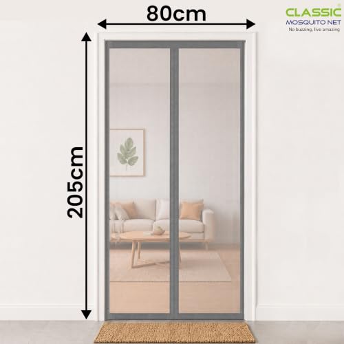 Image of Classic Mosquito Net for Doors with Magnet - Heavy-Duty Fiberglass Mesh | Strong Auto-Close Magnets | Full Frame Hook-&-Loop | DIY Installation for Wooden /UPVC /Marble Doors (205x80 cm, Grey)