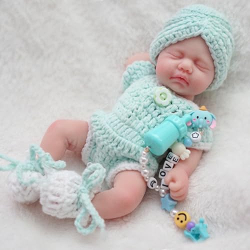 MYREBABY Mini boneca bebé recorn de 7 polegadas e 17,78 cm, boneca recém-nascida realista de silicone para dormir com os olhos fechados, com conjunto de roupa e acessórios