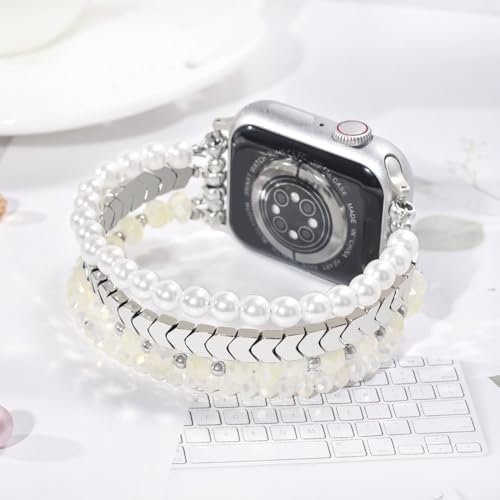 Image of MOFREE Beaded Bracelet Compatible with Apple Watch Band 38mm /40mm /41mm /42mm, Fashion Elastic Stretch Women Bands for iWatch Series 11 /10 /9 /8 /7 /SE /6 /5 /4 /3 /2 /1 iPhone Watch Strap Bands (White /Yellow)