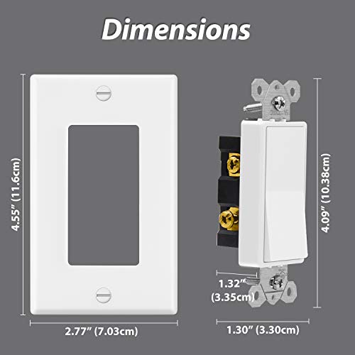 10 Pack - ELECTECK Single Pole Rocker Light Switch, 15A/120V, Wall Plate Included, UL Certified, White - Thumbnail 3