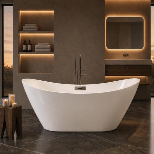 Image of 59 inch Freestanding Acrylic Bathtub, Deep Soaking Tub with Non-Slip Base, cUPC Certified, Chrome Pop-Up Drain and Overflow, White