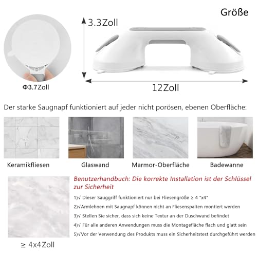 Newthinking Haltegriff mit Saugnapf, Dusche Saugnapf Haltegriff mit Saugwarnung 30cm, Haltegriff Dusche Ohne Bohren Haltegriff Badewanne Badezimmer Gehhilfe für Senioren Bad, 2 Stücke