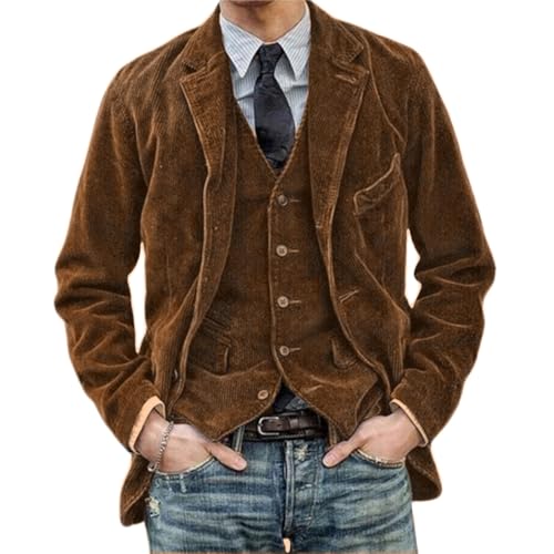 Mens Casual Corduroy Sport Coats, Vintage Slim Fit One Button Notch Lapel Blazer Jackets Two Piece Suit Vest and Coat Blazer
